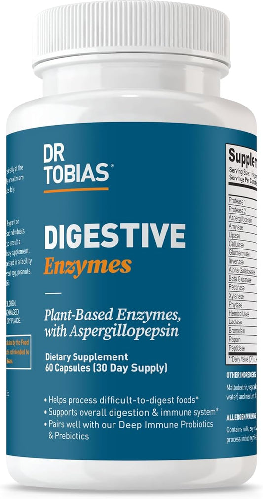 Dr. Tobias Digestive Enzymes with Amylase, Bromelain, Lipase, Lactase, Protease, Papain & More, Digestion Supplement with 18 Enzymes for Digestion and Gut Health, 60 Capsules, 30 Servings