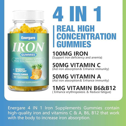 1 Pack Vegan 100Mg Iron Supplement Gummies for Women & Men - Vitamin A, C, B - Energy Support for Iron Deficiency, Anemia, Adults ＆Children, Pineapple Flavor Gummy, 60 Counts