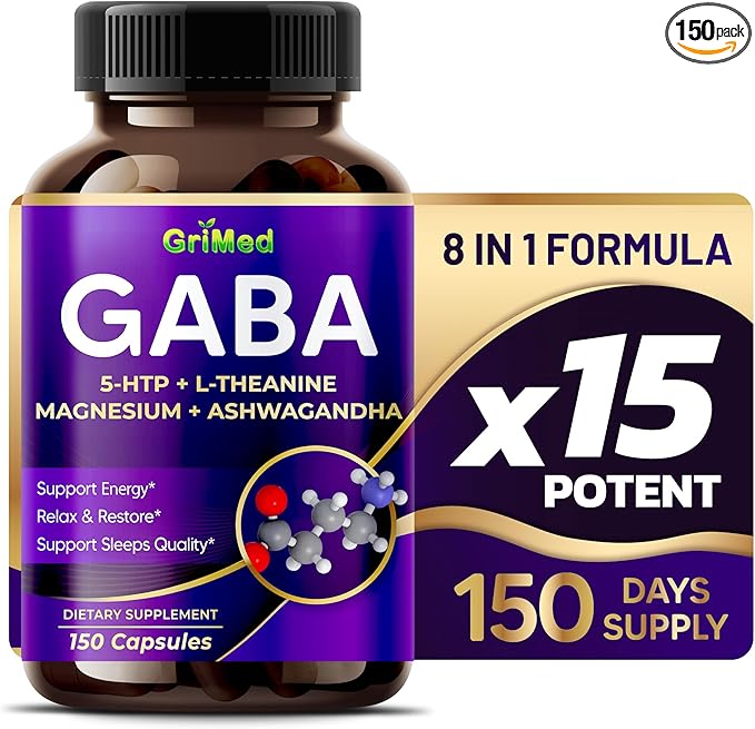 GriMed GABA 16,280mg - X15 Power with 5-HTP, L-Theanine, Magnesium, Ashwagandha - Relax & Restore, Support Sleep Well - Made in USA (150 Count (Pack of 1))