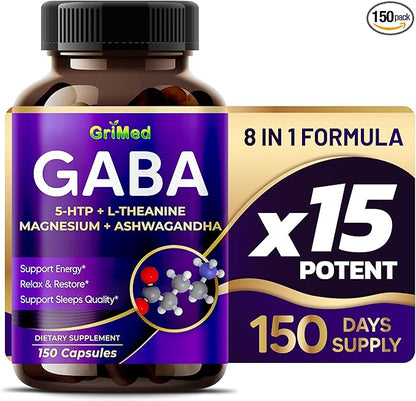 GriMed GABA 16,280mg - X15 Power with 5-HTP, L-Theanine, Magnesium, Ashwagandha - Relax & Restore, Support Sleep Well - Made in USA (150 Count (Pack of 1))