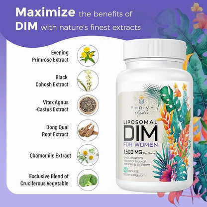 Liposomal DIM Supplement - 1500 mg Women DIM Supplement - Estrogen Supplements Contain Vitamin E, Evening Primrose, Black Cohosh, Omega-3 Fatty Acids, Suitable for Vegetarians (2 Pack)
