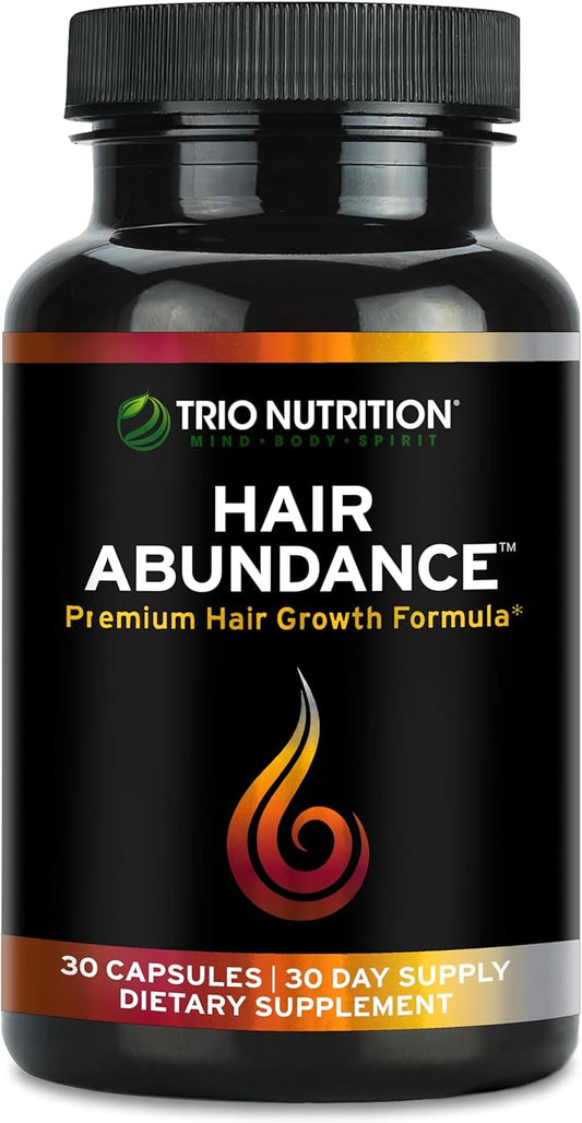 TRIO NUTRITION Hair Abundance | Natural Vitamin Supplement for Hair Growth, Strong Nails and Smooth Skin| Boosted with Collagen, Keratin, Zinc & Selenium | Biotin 10000mcg | 30 Day Supply