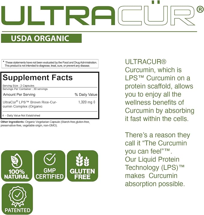 Organic USDA Certified - LPS™ Turmeric Curcumin - The Curcumin You Can Feel!™ US Patented Technology - 70% of People Feel a Significant Difference in A Week, 50% in 24 Hours! (60 Count)