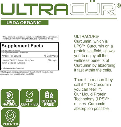 Organic USDA Certified - LPS™ Turmeric Curcumin - The Curcumin You Can Feel!™ US Patented Technology - 70% of People Feel a Significant Difference in A Week, 50% in 24 Hours! (60 Count)