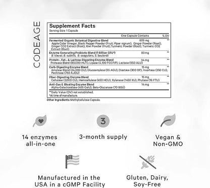 Codeage Fermented Digestive Enzymes Supplement 3-Month Supply - 14 Digestive Enzymes, Probiotics, Prebiotics, Fermented Botanicals, Plant-Based Multi Pancreatic Enzymes - 1 Capsule a Day - 90 Capsules