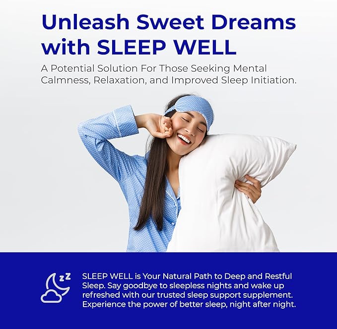 Sleep Well | Natural Sleep Aid with Magnesium Glycinate, Valerian Root, and Chamomile | Non-Habit Forming | 60 Capsules - 30 Nights of Restful Sleep