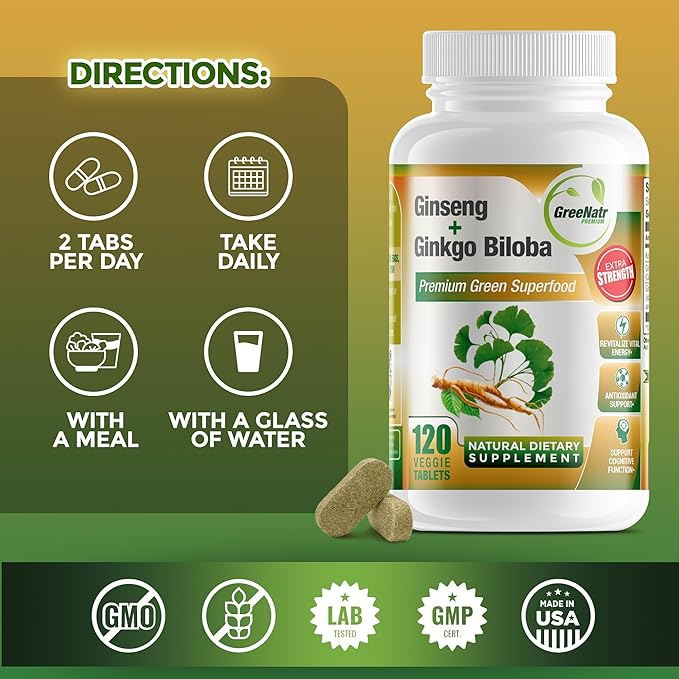 Ginko Biloba & Panax Ginseng Supplement - Red Ginseng Brain Supplement for Memory and Focus - Ginkgo Biloba Supplements for Good Vision, Immune System and Improved Blood Flow - 120 Tablets