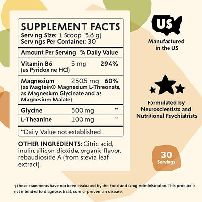 PYM Mood Magnesium Powder (30-Servings) Magnesium Glycinate, L-Threonate & Malate Powder | Aid & Mood Support Supplement for Stress