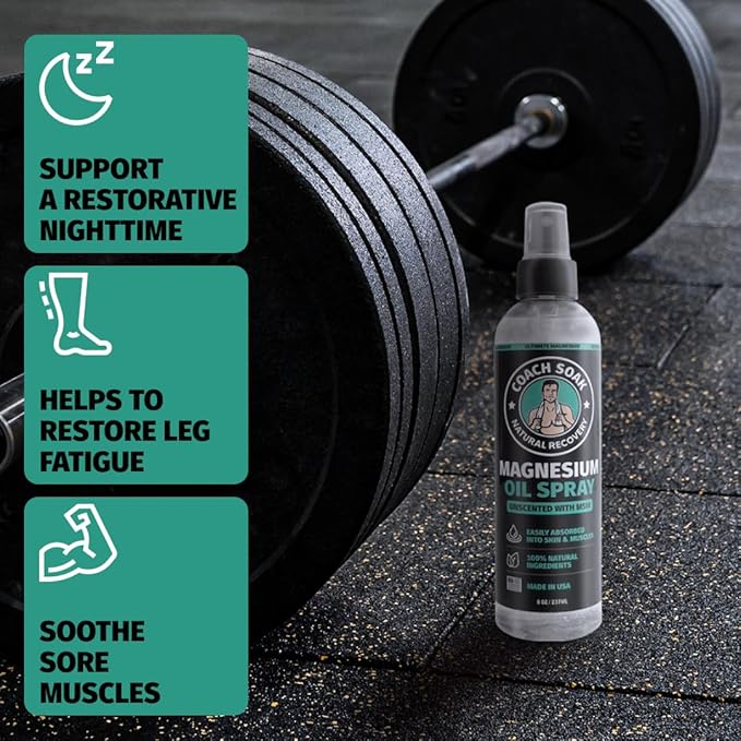 Coach Soak Magnesium Body Spray with MSM, Unscented, Extra Strength Magnesium Chloride, Pure Topical Magnesium Oil Spray for Feet & Body, Made in USA