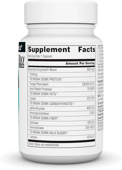 Source Naturals Essential Enzymes 500mg Bio-Aligned Multiple Enzyme Supplement Herbal Defense for Digestion, Gas, Constipation & Bloating Relief - Supports Immune System* - 60 Vegetarian Capsules