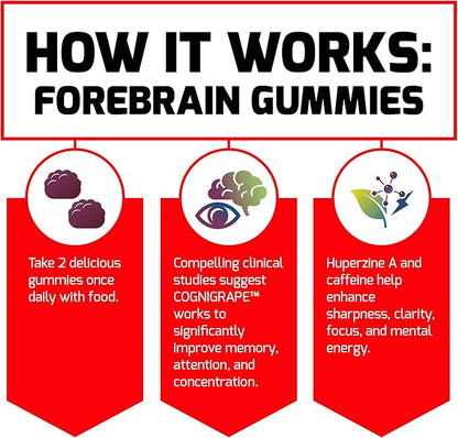 FORCE FACTOR Forebrain Gummies, 3-Pack, Nootropic Brain Support Supplement for Memory & Focus, Brain Vitamin with COGNIGRAPE & Huperzine A, Focus Gummies to Support Recall & Sharpness, 180 Gummies