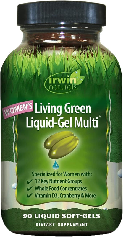 Irwin Naturals Women's Living Green Liquid-Gel Multi Vitamin - 90 Liquid Softgels - 70 Essential Nutrients, Full-Spectrum Vitamins, Wholefood Blend - Targeted Adrenal & Brain Support-30 Total Servings