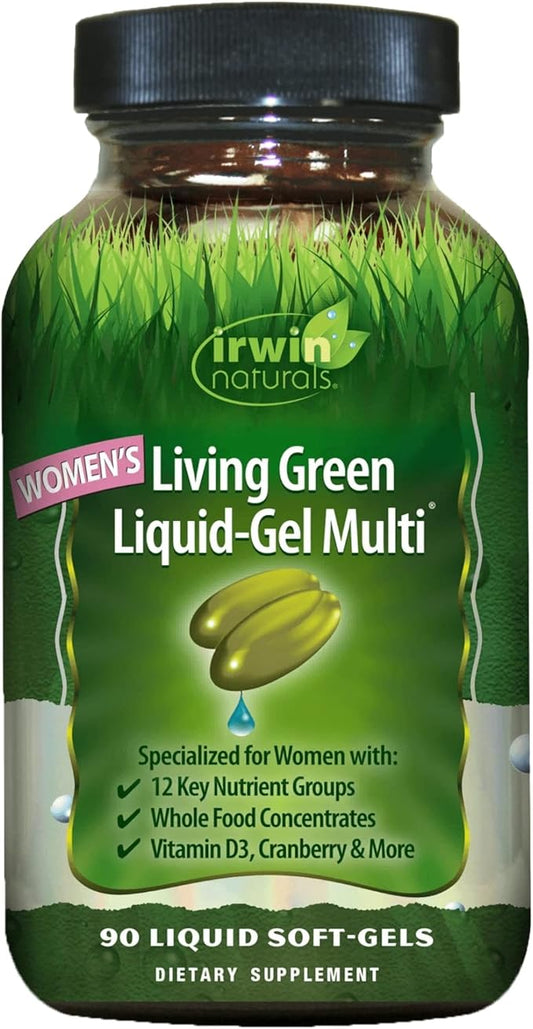 Irwin Naturals Women's Living Green Liquid-Gel Multi Vitamin - 90 Liquid Softgels - 70 Essential Nutrients, Full-Spectrum Vitamins, Wholefood Blend - Targeted Adrenal & Brain Support-30 Total Servings