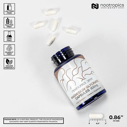 Nootropics Depot Magnesium Glycinate Capsules | 180 Count | Mineral Supplement | Magnesium Supplement | Supports Heart, Muscle, Nerve, and Bone Health