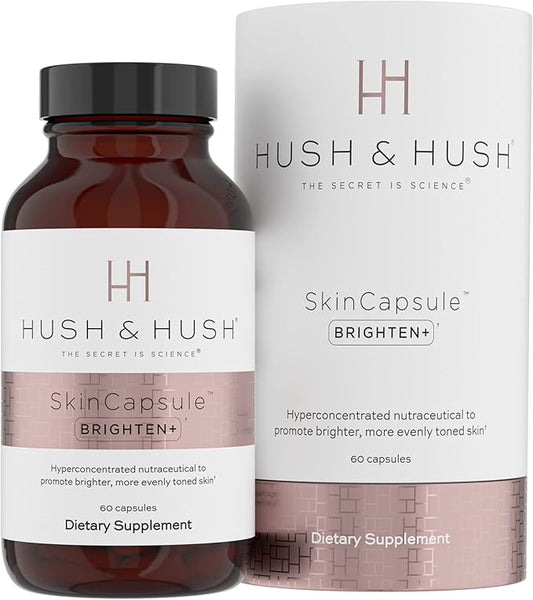 Hush & Hush SkinCapsule Brighten+ - Skin Brightening Vitamin C Supplement - Glowing Skin Beauty Vitamins - Reduces Dark Spots & Discoloration - Vegan, Non-GMO, Gluten Free - 60 Capsules