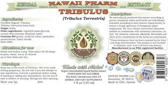 Hawaii Pharm Tribulus Alcohol-Free Liquid Extract, Tribulus (Tribulus Terrestris) Dried Fruit Glycerite Natural Herbal Supplement, USA 2x4 fl.oz