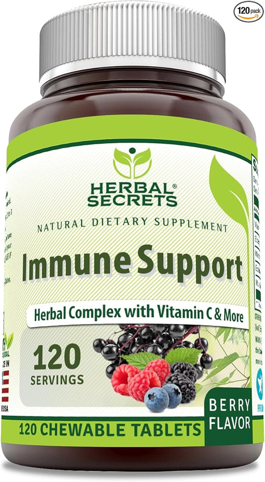 Herbal Secrets Immune Support with Vitamin C & Elderberry | Berry Flavor Chewable Tablets | 120 Count | Non-GMO | Glute-Free | Made in USA