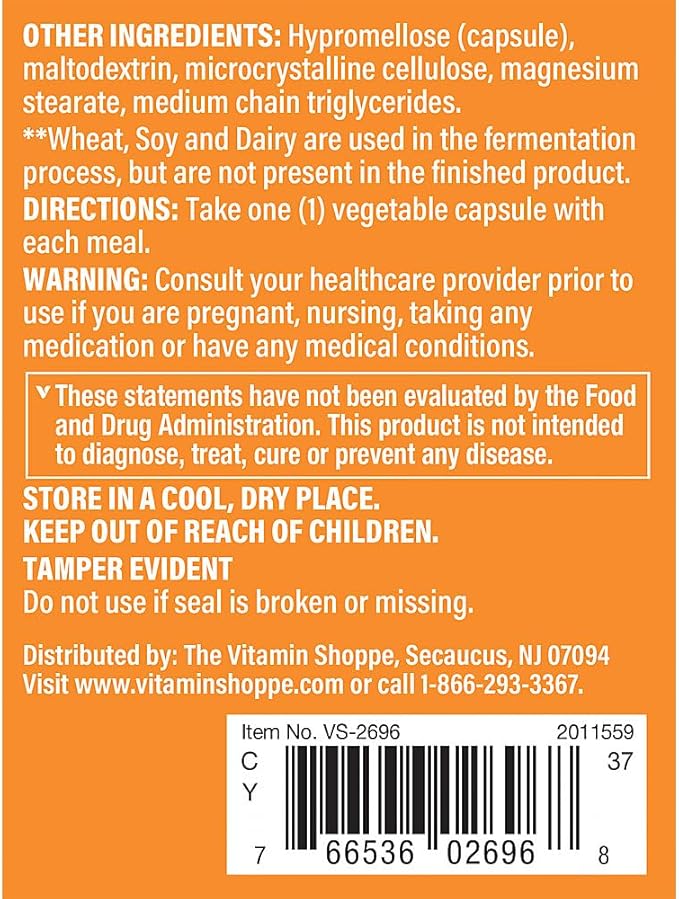 The Vitamin Shoppe Digestive Enzymes- Comprehensive Formula for Fats, Carbohydrates, and Protein Digestion - Aids Gluten and Dairy Breakdown and Supports Nutrient Absorption (180 Vegetable Capsules)