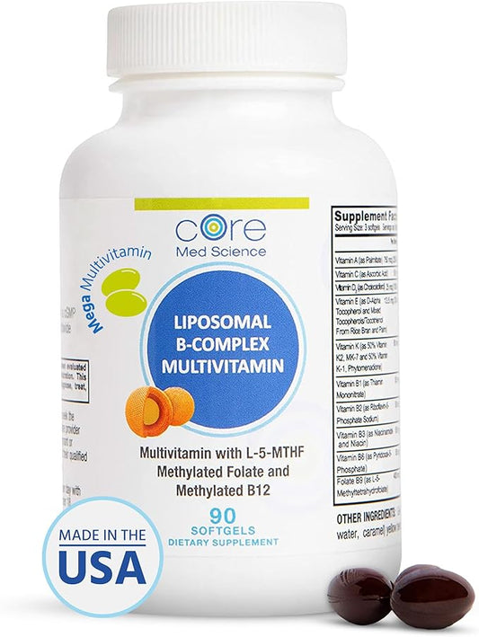 Core Med Science Liposomal Methylated Multivitamin B-Complex, 90 Softgels - Non-GMO Active Super B Complex Vitamin Supplement for Heart Health - VIT Methyl B Complex Immune Support Supplement