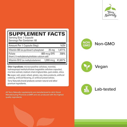 Terry Naturally BioActive Vitamin B - Aid Heart Health with Bioactive B Vitamins - Supplement with Folate & Calcium - B Complex Vitamin to Aid Nervous System Function - 60 Capsules