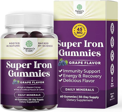 Extra Strength Iron Gummies for Women and Men - Potent 45mg per Serving Chewable Iron Supplement for Women and Men with Vitamin C for Higher Absorption - Vegan Daily Iron Gummy No Artificial Flavors