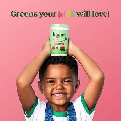 Bloom Nutrition Superfood Greens Powder for Kids, Digestive Enzymes, Probiotics, Prebiotics, Gut Health, Chlorella, Green Juice Mix w/Beet Root Powder (25 Servings (Pack of 1), Strawberry Apple)