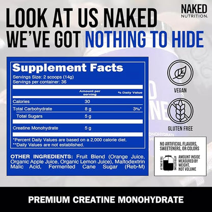 NAKED Pure Micronized Orange Creatine Monohydrate - 36 Servings - 500 Grams, 1.1Lb Bulk, Vegan, Non-GMO, Gluten Free, Soy Free. Aid Strength Gains, No Additives