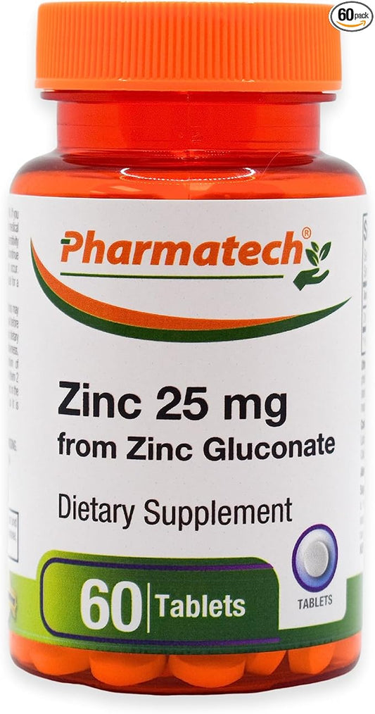 Zinc Gluconate 25 mg Chelated Elemental Zinc, Immune Support Supplement Mineral Antioxidant for Vegetarians, Acne, Easy to Swallow, 60 Tablets, by Pharmatech®