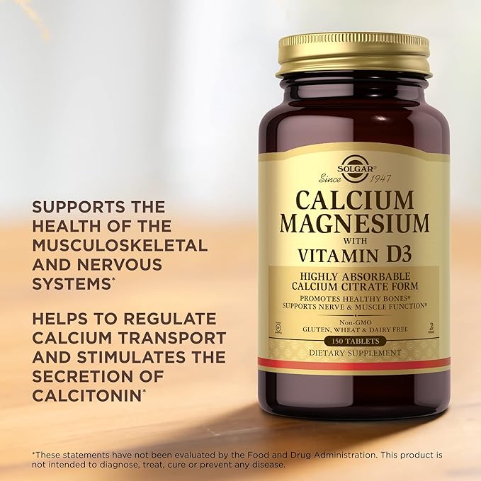 Solgar Calcium Magnesium with Vitamin D3-150 Tablets, Pack of 2 - Promotes Healthy Bones, Supports Nerve & Muscle Function - Non-GMO, Gluten Free, Kosher - 60 Total Servings