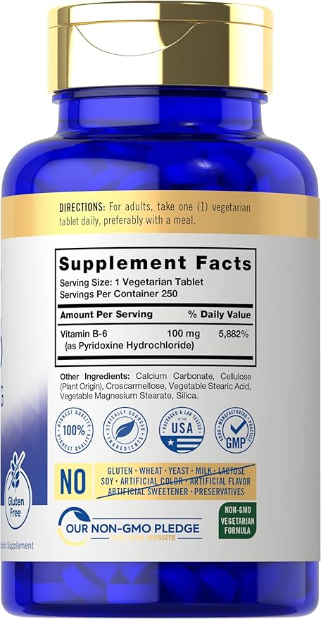 Carlyle Vitamin B6 100mg | 250 Tablets | Pyridoxine Hydrochloride Supplement | Vegetarian, Non-GMO, Gluten Free