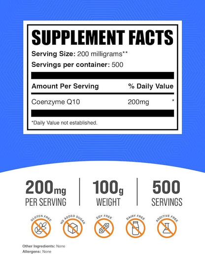 BulkSupplements.com Coenzyme Q10 Powder - CoQ10 Powder, CoQ10 200mg, CoQ10 Supplement - Heart Health Supplements, Gluten Free, 200mg per Serving, 100g (3.5 oz) (Pack of 1)