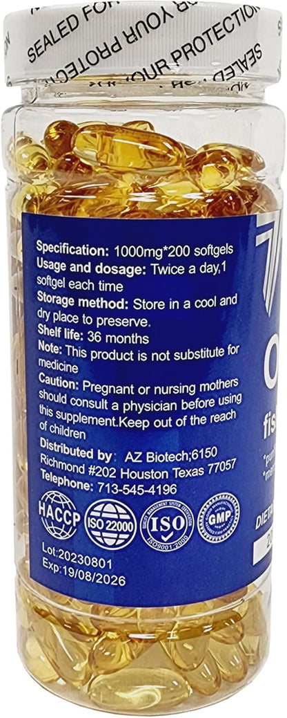 Fish Oil 1000 mg Softgels, 300 mg Omega 3 Supplements, 200 Softgels, 100 Days Supply