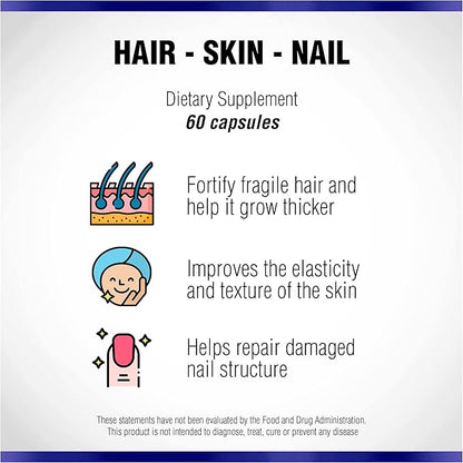 Hair Skin and Nails Vitamins Supplement 60 Capsule by Natural Systems - Strong Nails and Hair Growth Vitamins for Women and Men - Natural Biotin Hair Skin and Nails Vitamin - Skin Protection Vitamins