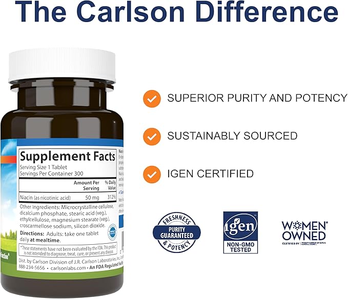 Carlson - Niacin, 50 mg, Supports Cholesterol Metabolism, Energy Production, Heart Health, Nerve Function, 300 Tablets