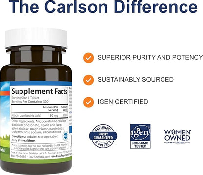 Carlson - Niacin, 50 mg, Supports Cholesterol Metabolism, Energy Production, Heart Health, Nerve Function, 300 Tablets