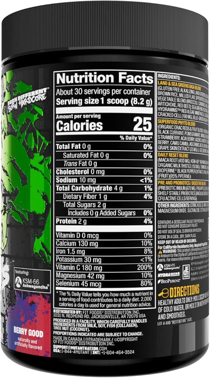 Mutant Big Greens | Green Supplement | Over 40 superfoods Land & Sea Greens – Reds, Antioxidants, phytonutrients, 1000mg spirulina – Pre & Probiotic Blend | 30 Serving – Berry Good