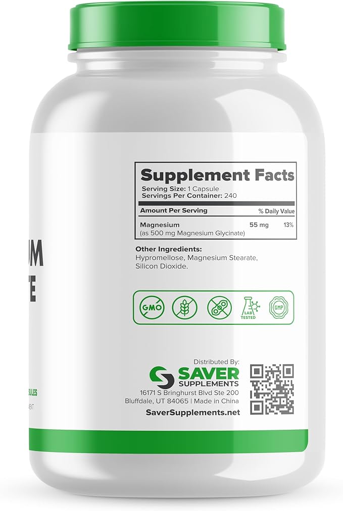 Magnesium Glycinate 500mg – High Absorption, Chelated Magnesium Supplement for Muscle, Sleep, Heart, and Nerve Support – Non-GMO & Gluten Free – 240 Capsules
