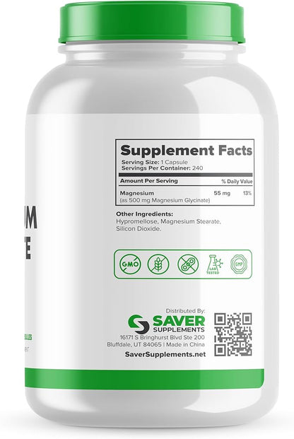 Magnesium Glycinate 500mg – High Absorption, Chelated Magnesium Supplement for Muscle, Sleep, Heart, and Nerve Support – Non-GMO & Gluten Free – 240 Capsules