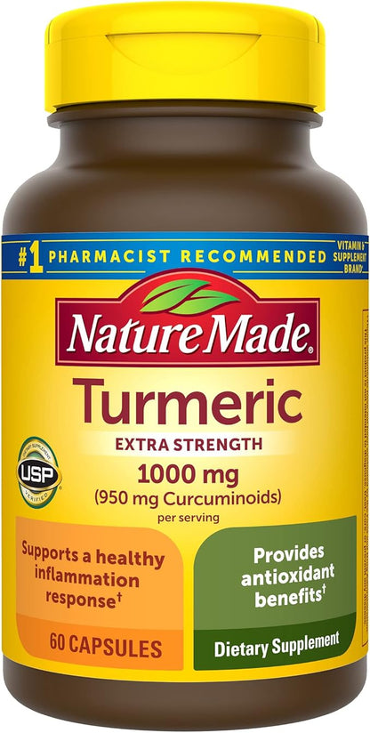 Nature Made Extra Strength Turmeric Curcumin with Black Pepper, 1000mg extract (950mg Curcuminoids) per serving, Supports Healthy Inflammation Response, 60 Vegetarian Capsules, 30 Day Supply
