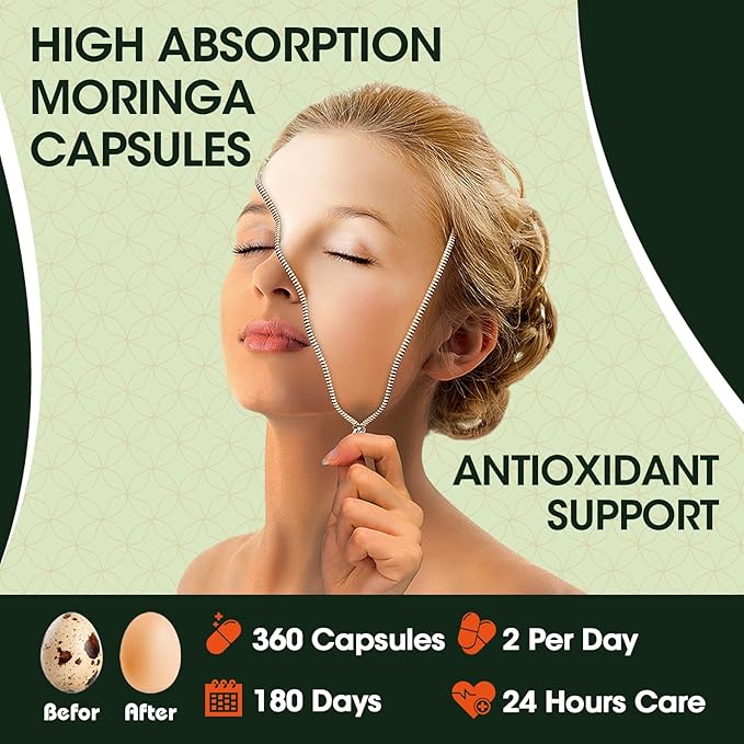 Moringa Pure Capsules, Rich Moringa Powder, A Natural Green Antioxidant Superfood - Supports Energy, Skin Health, Gut Health, with Essential Vitamins & Amino Acids, 180pcs-2 Pack
