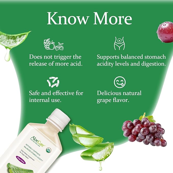 AloeCure USDA Organic Aloe Vera Juice Grape Flavor, Made Within 12 Hours of Harvest - Pure Aloe Vera Digestive & Immune Health Supplement, Helps Maintain Balanced Stomach Acidity, 16.7oz x 18 Btls