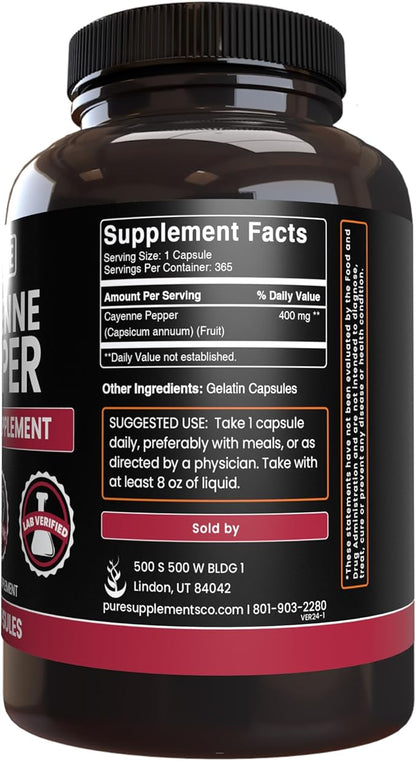 PURE ORIGINAL INGREDIENTS Cayenne Pepper (365 Capsules) No Magnesium Or Rice Fillers, Pure, Lab Verified