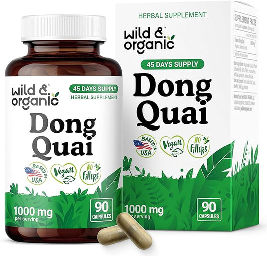 Wild & Organic Dong Quai Capsules for Women - 1000 mg per Serving - Dong Quai Root Supplement - 45-Day Supply - Traditional Angelica Sinensis - Non-GMO, Vegan - 90 Count