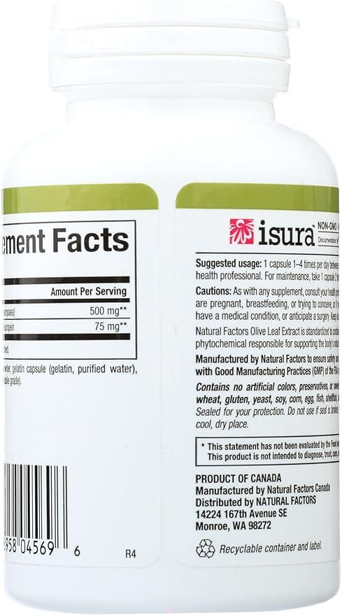 HerbalFactors by Natural Factors, Olive Leaf 500 mg, Natural Wellness Formula, 60 Capsules