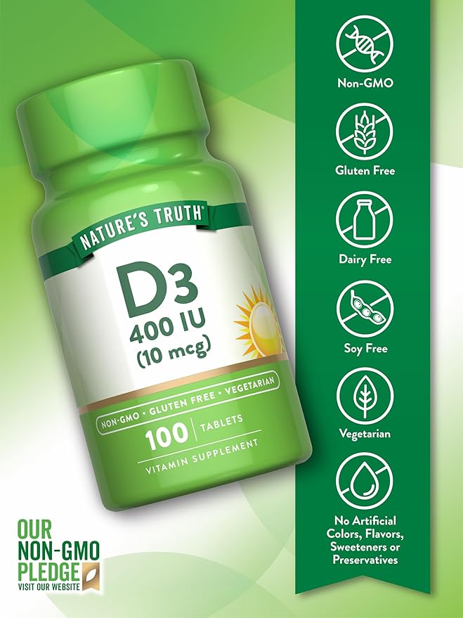 Nature's Truth Vitamin D3 | 400 iu (10 mcg) | 100 Tablets | Vegetarian, Non-GMO, & Gluten Free Supplement