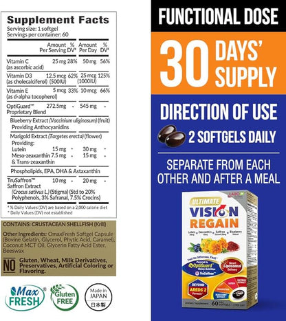 LABO Nutrition Ultimate VisionREGAIN, Eye Vitamin Beyond AREDS 2 Formula with Lutein, Zeaxanthin, Saffron Extract, Blueberry for Macular & Retinal Health, Eye Fatigue, Night Vision Support 60 Countsx3