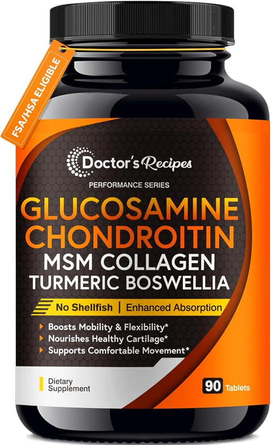 Doctor's Recipes Glucosamine Chondroitin MSM Turmeric Quercetin, Movement Support Supplement for Men & Women, with Black Pepper for High Absorption, Mobility & Flexibility, No Shellfish, 90 Tablets