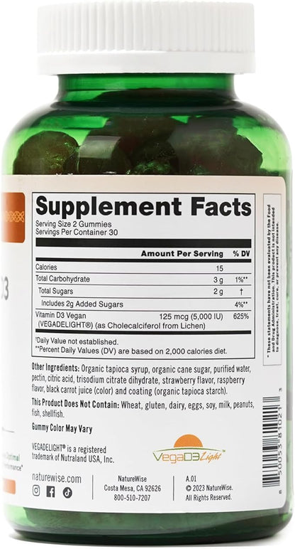 NatureWise Vitamin D3 5000 IU Gummies - Mixed Berry Flavor - Vegan D from Lichen, Pectin Based, Immune Support for Adults, Muscle & Bone Strength - Gluten Free, Non-GMO - 60 Count[1-Month Supply]