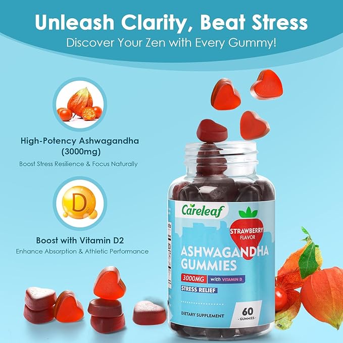Vegan Ashwagandha Gummies-3000mg High Potency Ashwagandha Root Extract with Vitamin D2 | Strawberry Flavor | 60 Cts/Bottle