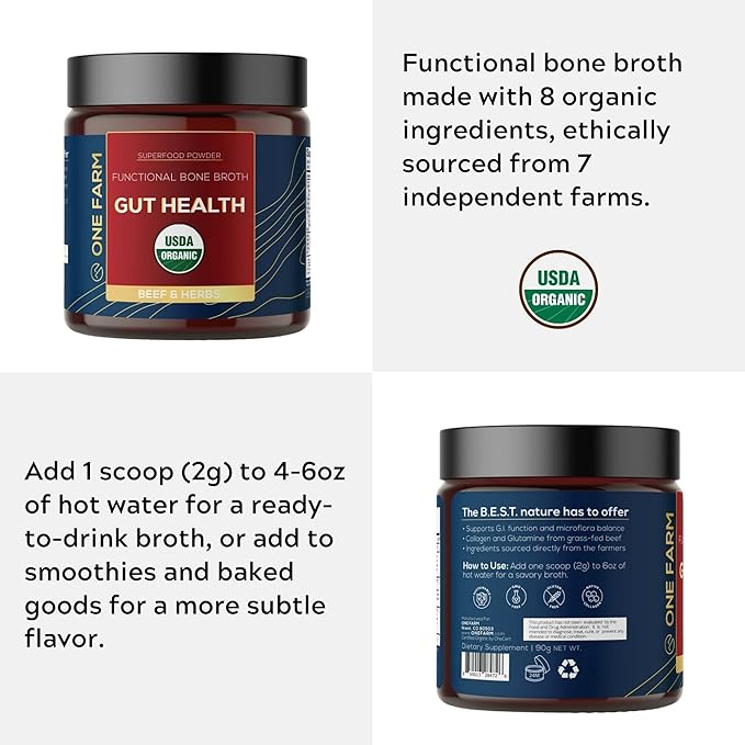 One Farm Superfood Powder Gut Health, Organic Gut Soothing Blend and Prebiotic Blend, Non-GMO, Prebiotics with Bone Broth, Turkey Tail Mushroom, Slippery Elm, and Marshmallow Root for GI Health